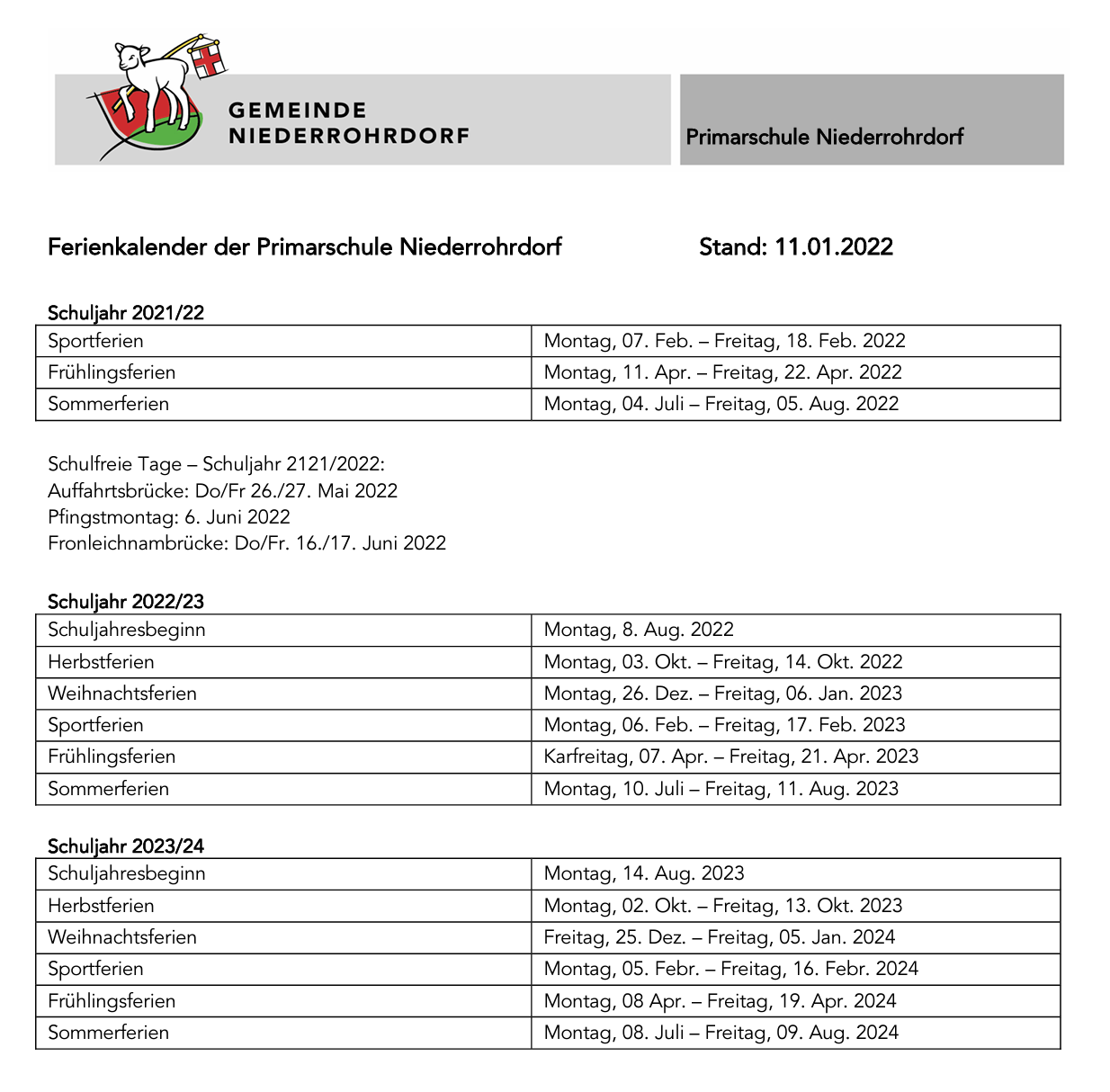 Ferienkalender 2021-22 Niederrohrdorf